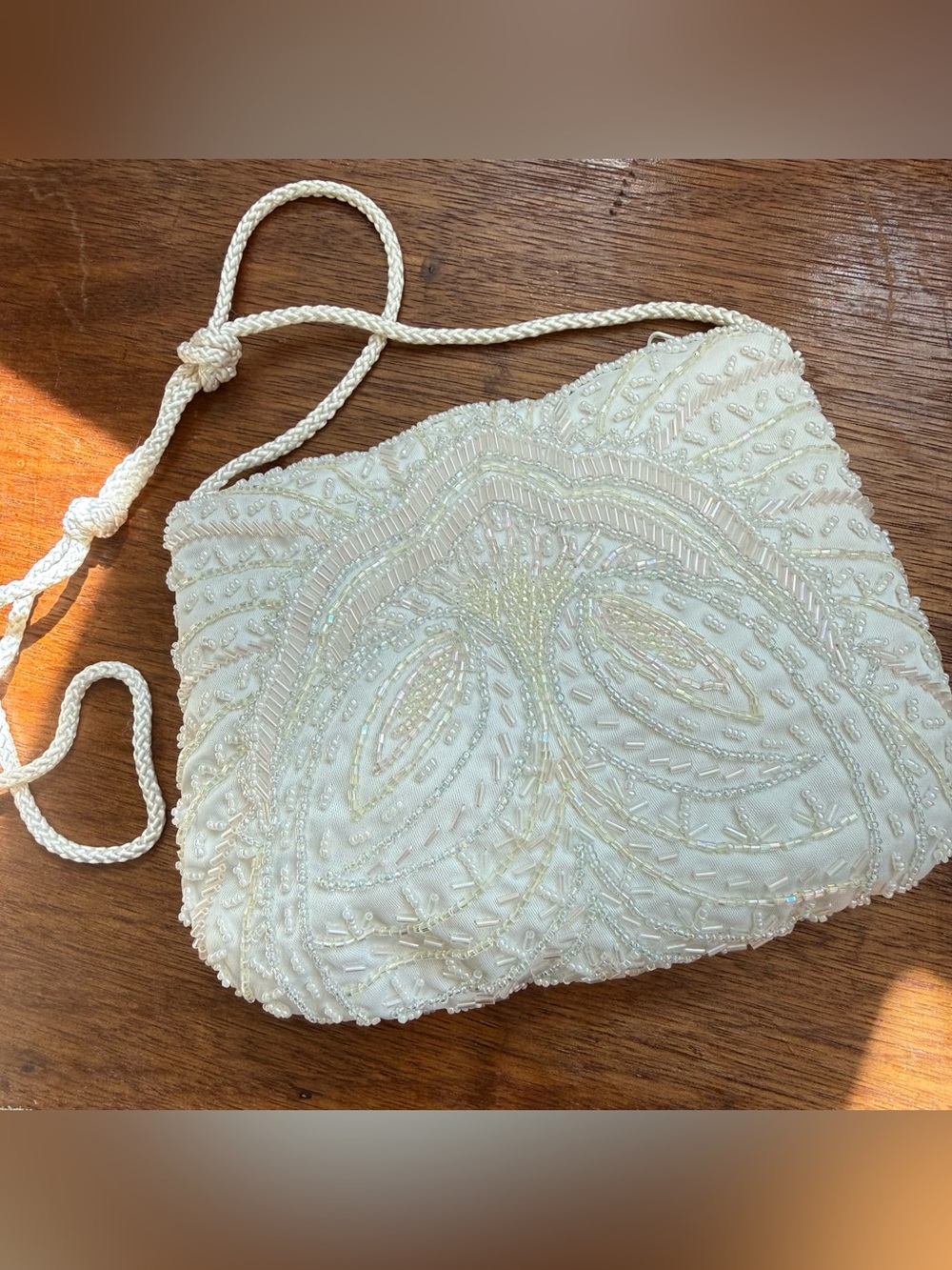 Vintage Ivory Beaded Evening Clutch with Rope Strap